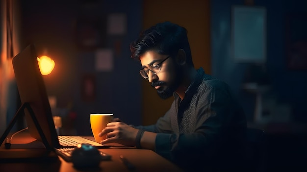 Молодой индийский мужчина использует компьютер за рабочим столом ночью дома в офисе нейронная сеть генерирует изображение