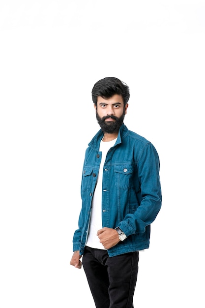 Young indian man wear jacket and giving expression over white background