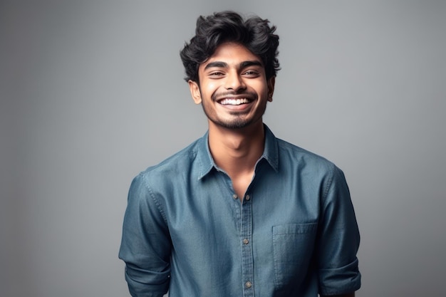 Young indian man wearing elegant shirt standing over isolated white background with a happy and cool smile on face lucky person