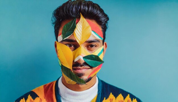 young indian man with leaf face painting on his face on blue background