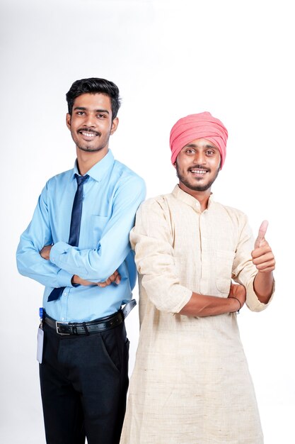 Young indian officer with farmer on white background.