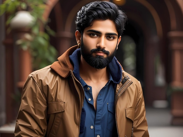 Photo a young indian rich boy good looking wearing a jacket with beard