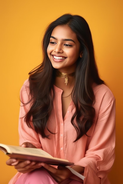 a young Indian woman in college student holding a book to her chest modern dress smiling