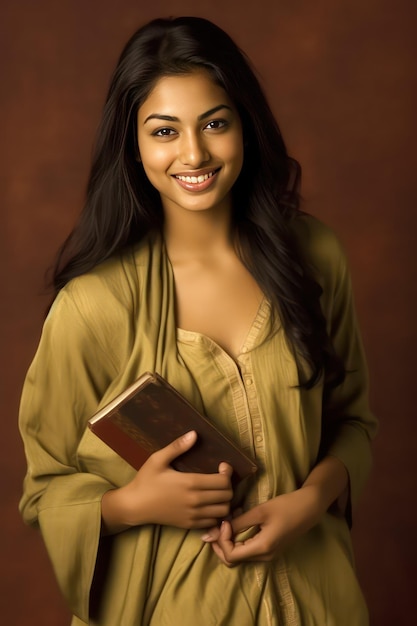本を胸に抱えて微笑む大学生の若いインド人女性
