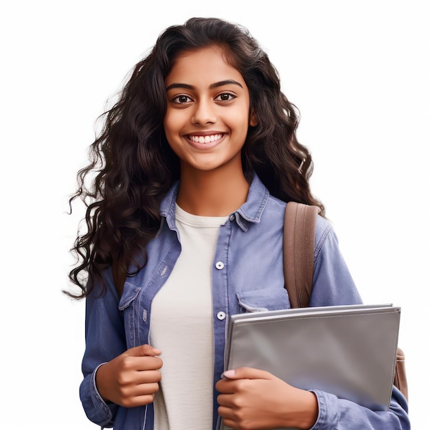 Молодая индийская женщина в студенческой одежде, прижимающая к груди книгу в современном платье, улыбается