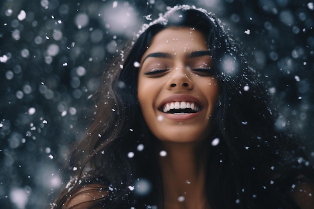 Young Indian woman enjoying winter snowflakes in a joyful outdoor moment