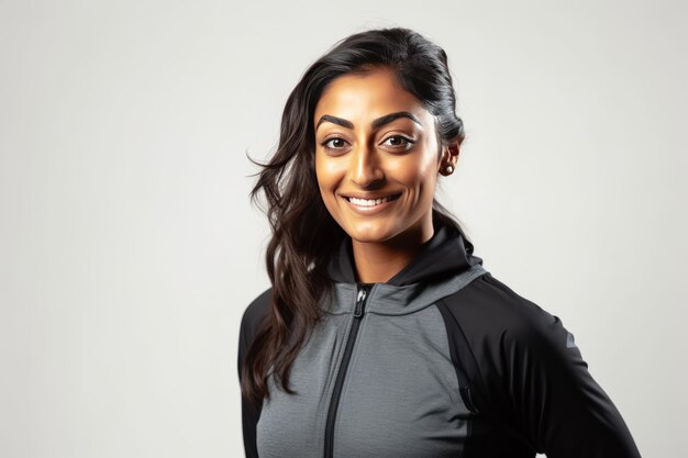 young indian woman in grey sports hoodie on white background