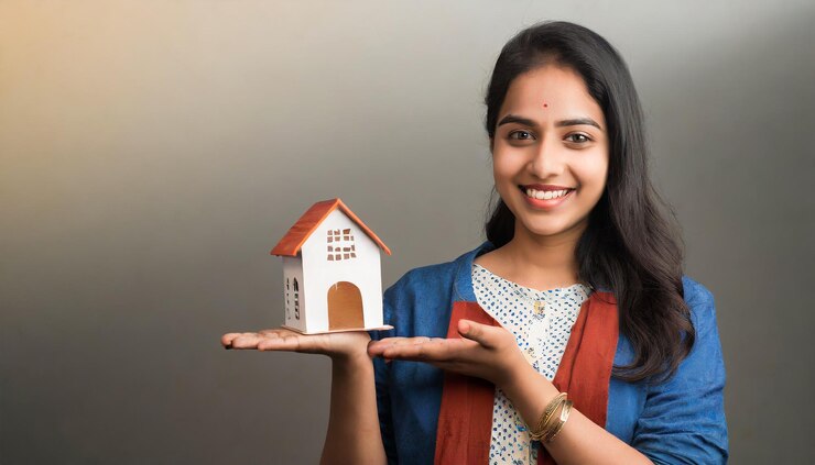 फोटो young indian woman holding little house in hands real estate concept
