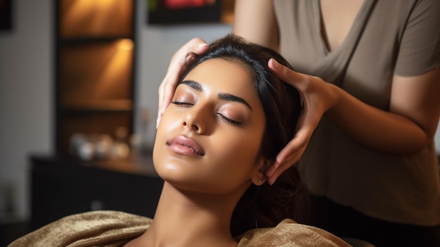 A young Indian woman is getting a relaxing hand massage at a beauty salon