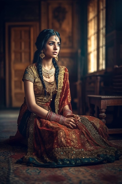 사리와 장신구를 입은 젊은 인도 여성 부유한 소녀가 어두운 실내 생성 AI에 앉아 있습니다.