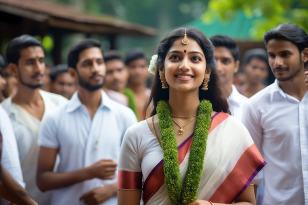 A young Indian woman in a sari on a traditional holiday