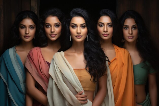 Young indian women group in traditional saree and standing together