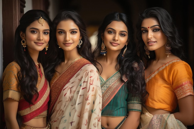 Young indian women group in traditional saree and standing together