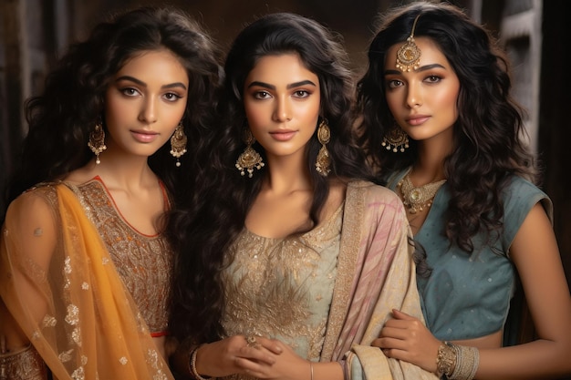 Young indian women group in traditional saree and standing together