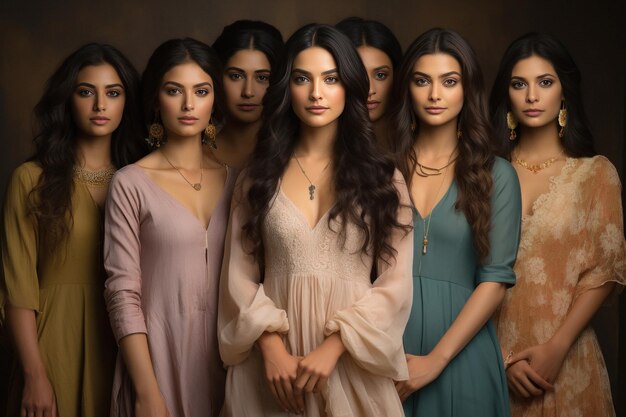 Young indian women group in traditional saree and standing together