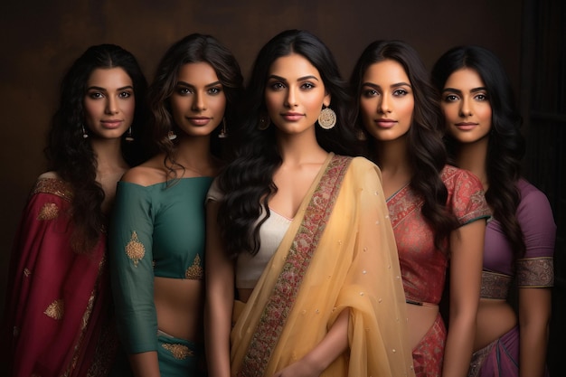 Young indian women group in traditional saree and standing together