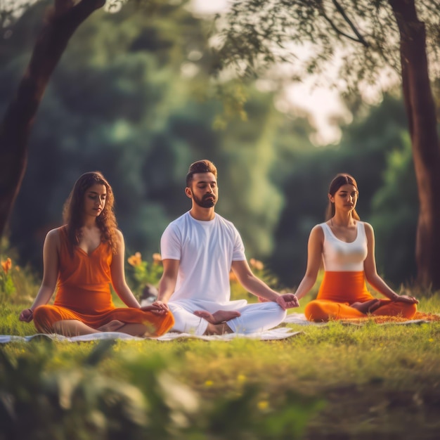 young Indian women and man doing yoga rest doing yoga on background wearing white and orange India