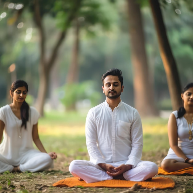 young Indian women and man doing yoga rest doing yoga on background wearing white and orange India