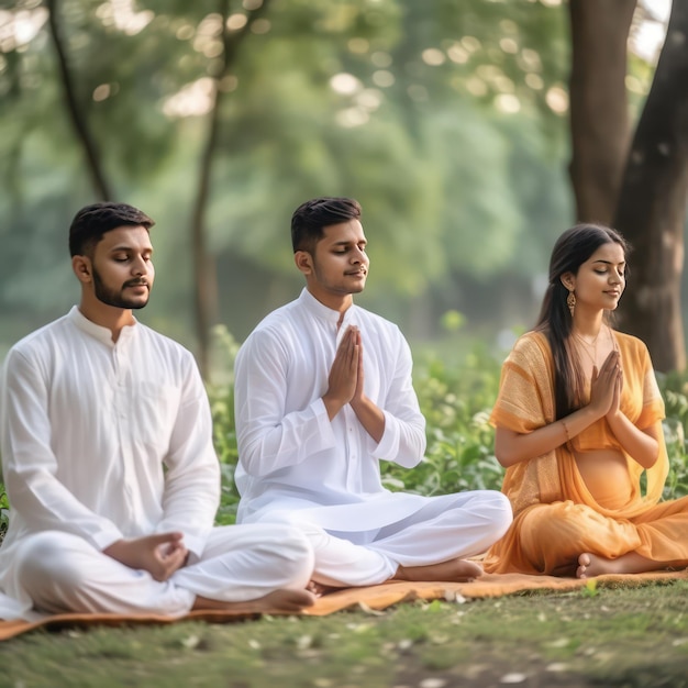 young Indian women and man doing yoga rest doing yoga on background wearing white and orange India