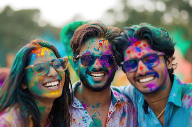 Young Indians celebrating Holi festival with colorful paint