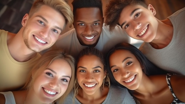 Young individuals of various races standing in a circle grinning at the camera GENERATE AI