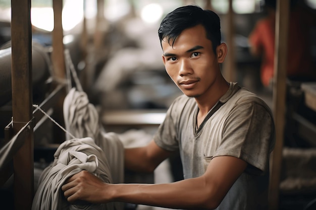 インドネシアの若い男性が労働者として働く