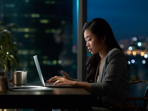 A young industrious Asian female executive is diligently working on her laptop while making a late