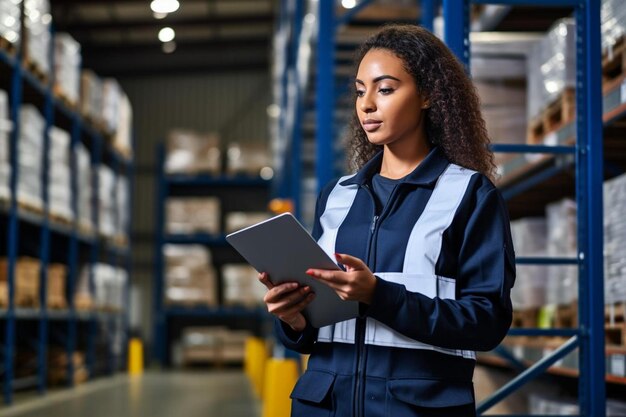 Young industry worker hispanic latina women in uniform and helmet holding clipboard checking stock