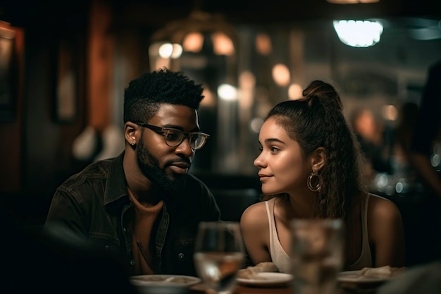 Young interracial couple on a date in a restaurant