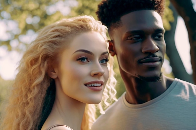 Young interracial couple happily strolling in the parkgenerated by AI