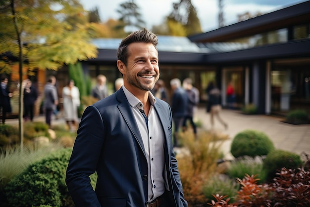 A young investor is smiling people and a building are in the background