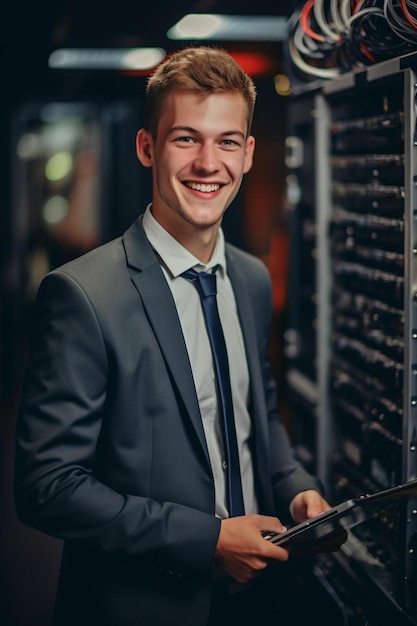 young it engeneer business man with thin modern aluminium laptop in network server room