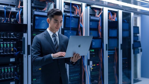 Young it engeneer business man with thin modern aluminium laptop in network server room