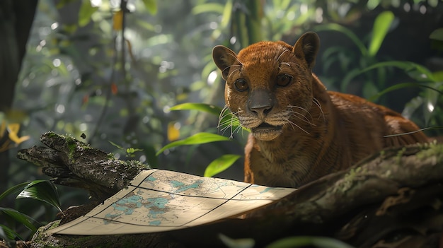 Foto un giovane jaguarundi si siede su un ramo d'albero nella foresta pluviale il jaguarundi guarda la telecamera con un'espressione curiosa