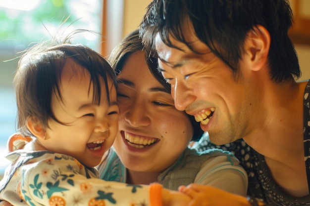 Foto una giovane famiglia giapponese che si occupa di attività giocose insieme