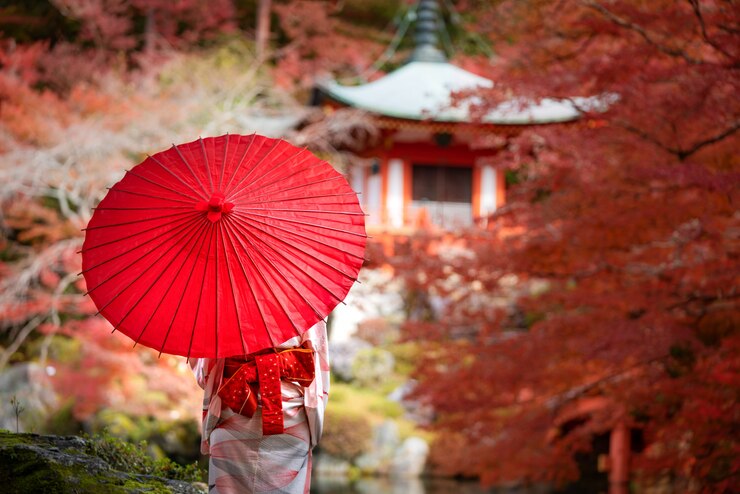京都の秋の紅葉と赤いカエデの葉のディゴ寺に立っている伝統的なキミノドレスの若い日本の女の子の旅行者。