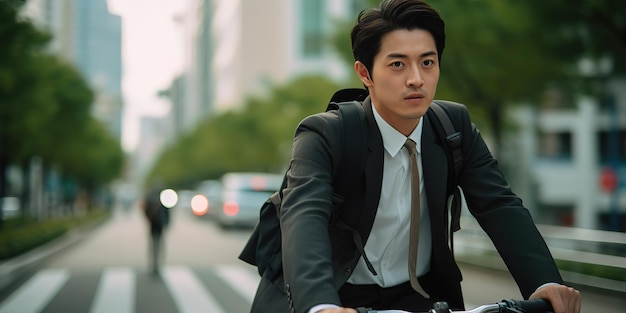 A young Japanese man in a jacket and rides a bicycle through the streets of the city