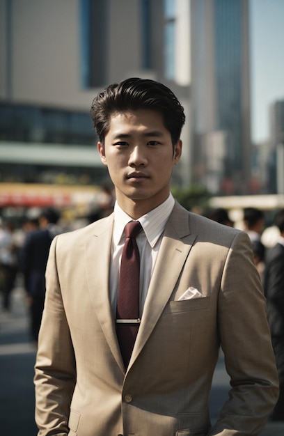 young Japanese man in a suit on the streets of Tokyo