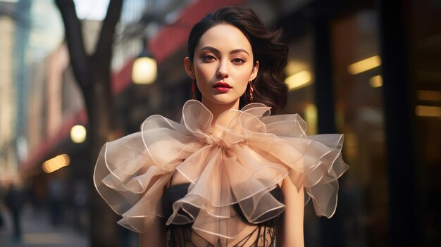 사진 화려한 오르간자 드레스를 입은 젊은 일본 모델 generative ai