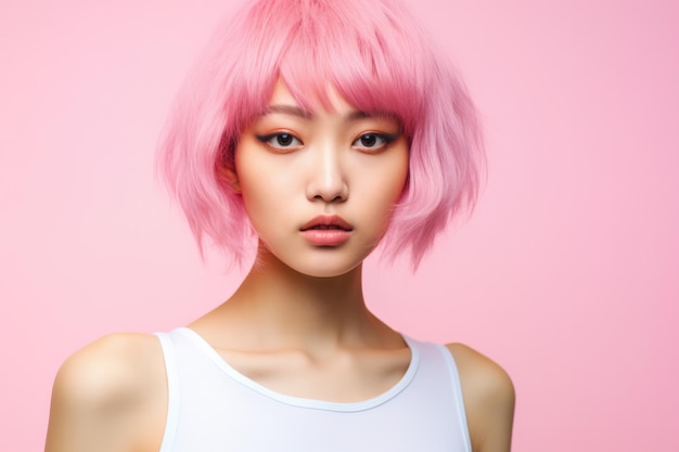 Young Japanese pink haired woman on a clean background