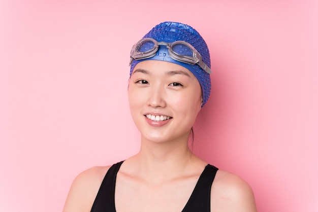 Photo young japanese swimmer woman face closeup isolated