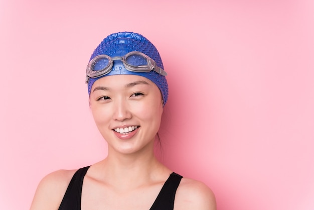 Photo young japanese swimmer woman face closeup isolated