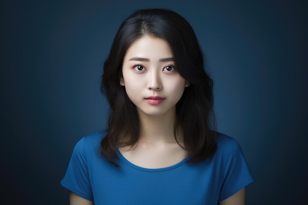 어두운 배경에 파란색 티셔츠를 입은 젊은 일본 여성