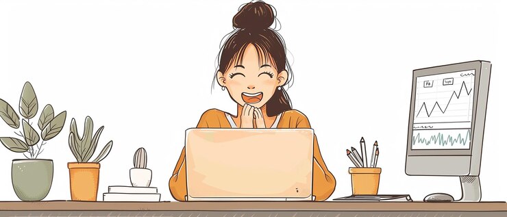Photo 若い日本人女性はfxチャートフラットラインアートミニマリストでpcで興奮して取引しています