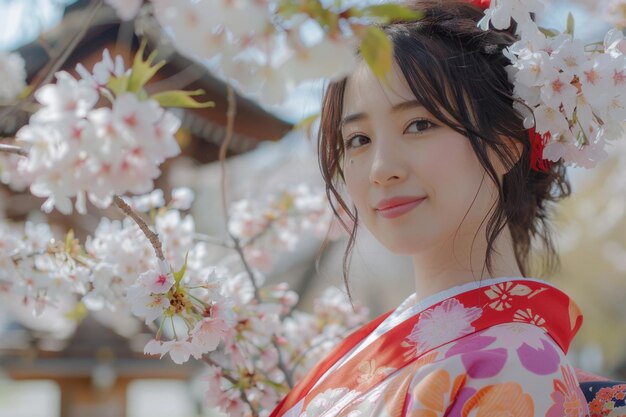 Young Japanese woman in traditional Kimono at cherry blossom shrine