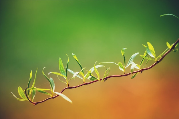 Photo young jasmine leaves on a branch in early spring orangegreen gradient color