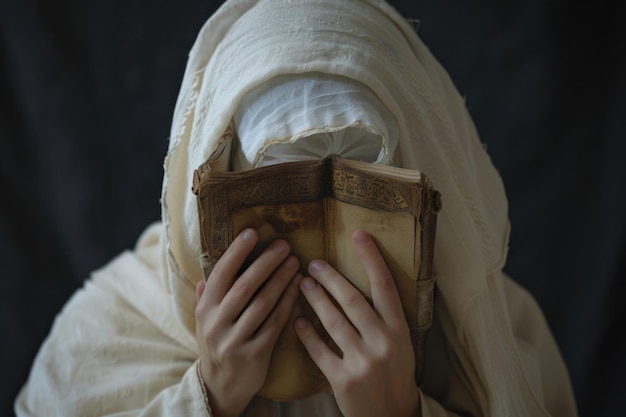 Photo young jewish woman praying with covered head and siddur