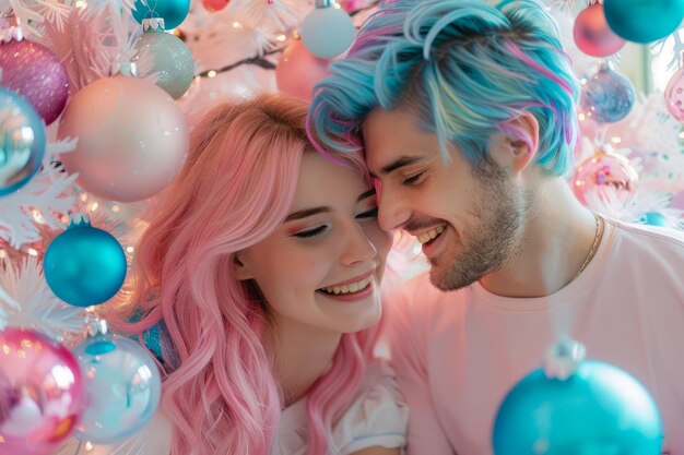 사진 파스텔색 머리카락 을 가진 즐거운 젊은 부부 가 다채로운 풍선 들 에 둘러싸여 축제 를 축하 하고 있다