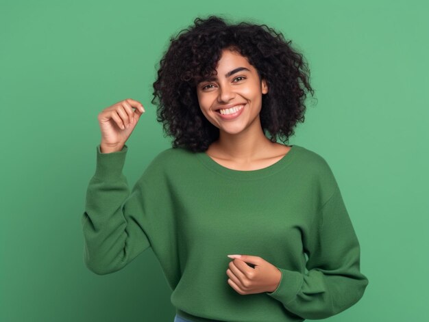 Young joyful Latin woman displaying a heartshaped gesture using her hands standing alone against a