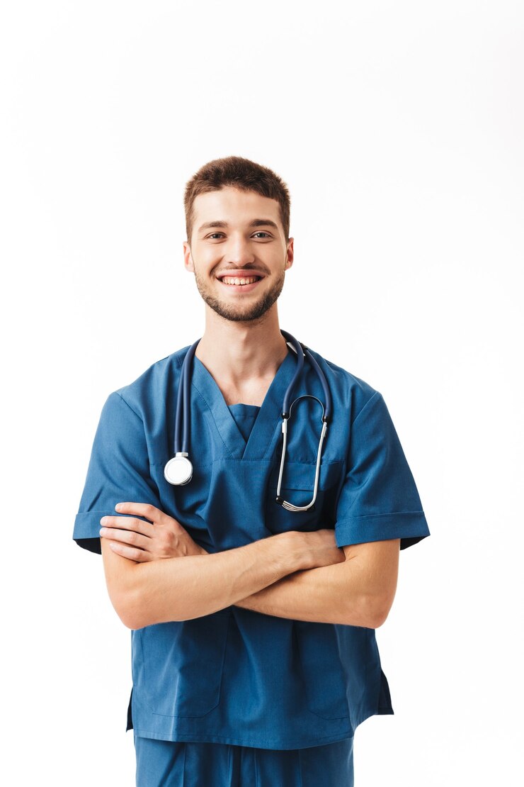 Photo young joyful male doctor in uniform with phonendoscope on neck happily 